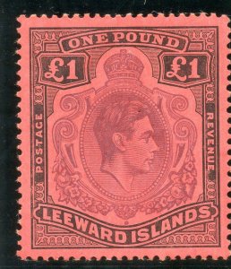 Leeward Islands 1942 KGVI £1 deep purple & black/carmine-red MLH. SG 114a var.