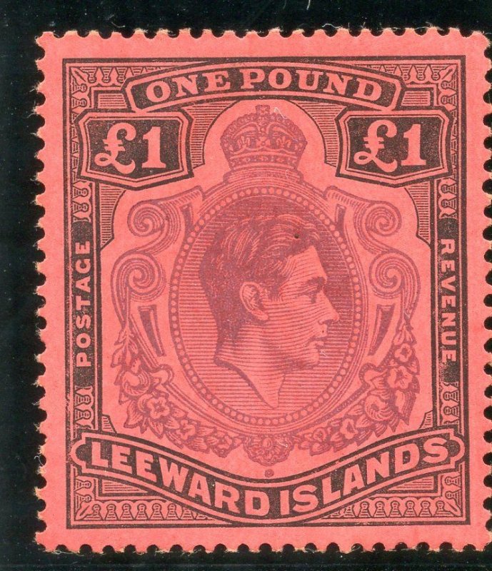 Leeward Islands 1942 KGVI £1 deep purple & black/carmine-red MLH. SG 114a var.