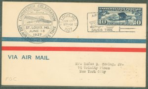 US C10 (1927) 10c Linbergh's Spirit of St. Louis single on an addressed First Day Cover with a rubber stamp cachet