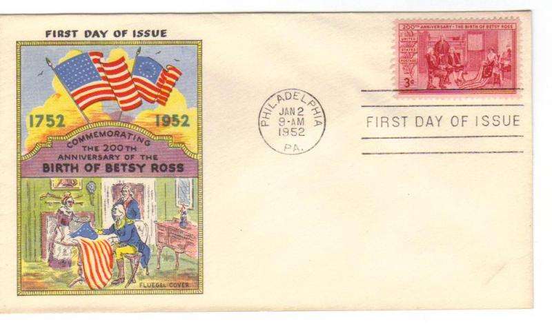 US 1004 (Me-14) 3c Betsy Ross on FDC Fluegel Multi-Color Cachet ECV $50.00