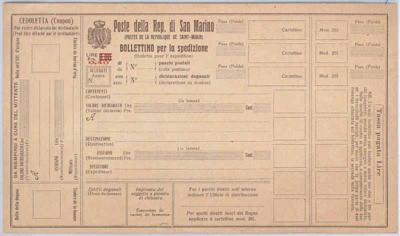 55397 - SAN MARINO - POSTAL SHIPPING BULLETIN: 0.40 LIRE - P 13-