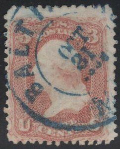 US Scott # 65 3c Washington Blue CDS Baltimore MD. Oct 21