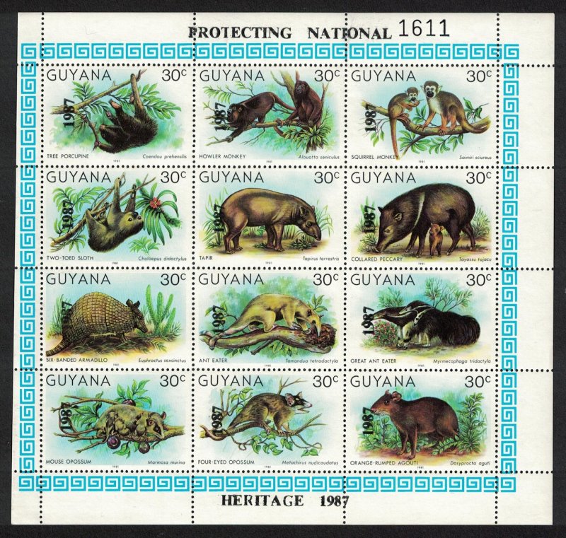 Guyana Wildlife Protection Sheetlet of 12v Overprint '1987' SG#2244-2255