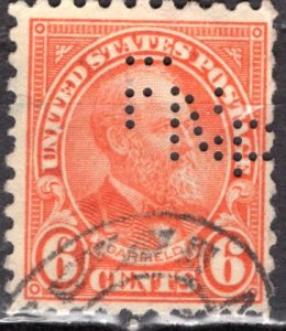 U.S.A.; 1927; Sc. # 638;  Used Red Orange Perf. 11x10 1/2 Single Stamp W/Perfins