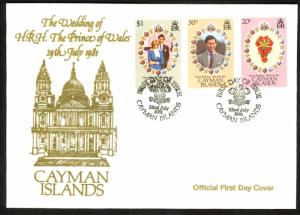 CAYMAN ISLANDS 1981 CHARLES and DIANA Royal Wedding Set on Cachet FDC Sc 471-473