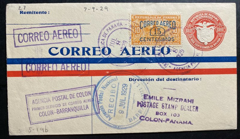 1929 Colon Canal Zone Panama First Fight Airmail Cover To Barranquilla Colombia