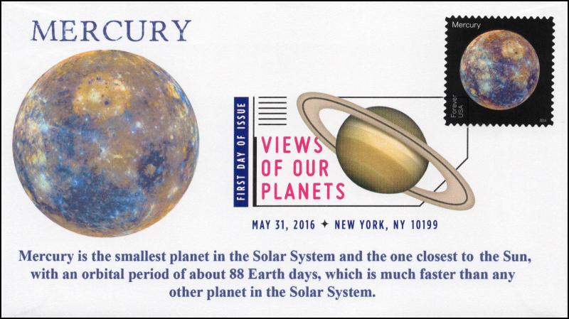 2016, Views of our Planets, Mercury, Digital Color Postmark, FDC, 16-221 