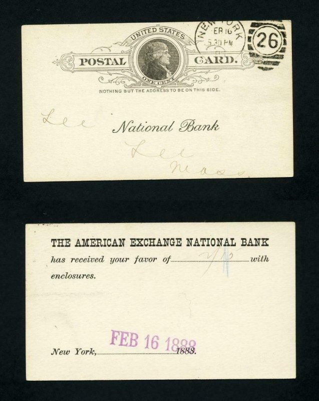 Post Card American Exchange National Bank, NY to Lee National Bank - 2-16-1888