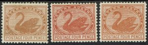 WESTERN AUSTRALIA 1905 SWAN 4D - ALL 3 SHADES WMK CROWN/A PERF 12.5