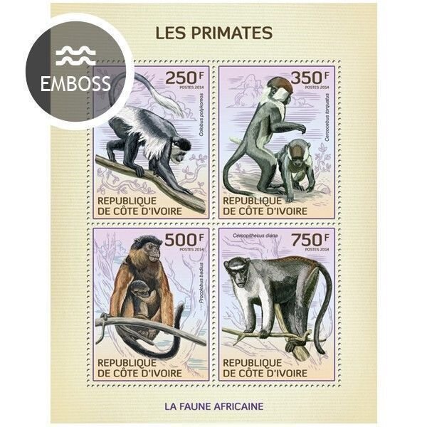 Ivory Coast MNH S/S Primates Embossed 2014