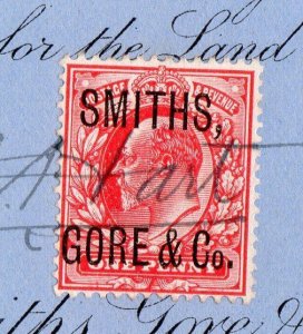 EDWARD VII 1d WITH 'SMITHS, GORE & CO' PROTECTIVE OVERPRINT ON DOCUMENT 