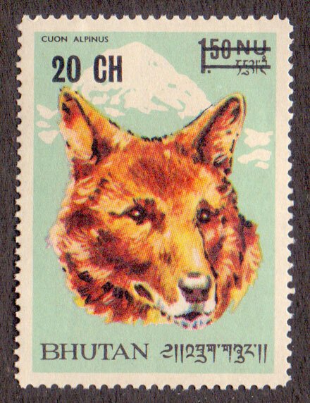 Bhutan SURCHARGE 1970 Dhole Hunting Dog '20ch on 1.50nu' SG.224 Sc....