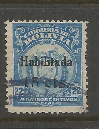 BOLIVIA  140  USED, 1919-1920 COAT OF ARMS SURCHARGED IN BLACK