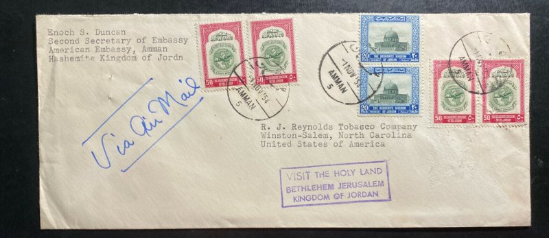 1954 US Embassy Amman Jordan Cover to Reynolds Tobacco Co Winston NC USA 