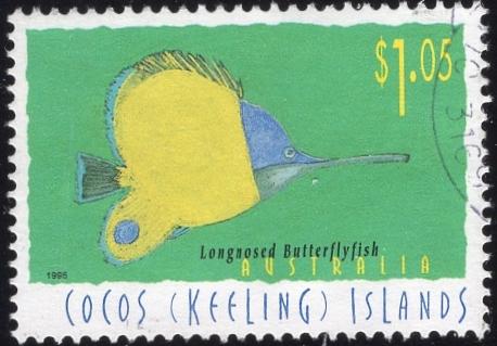 Cocos Islands 313 - Used - $1.05 Longnosed Butterflyfish (1995) (cv $2.25)