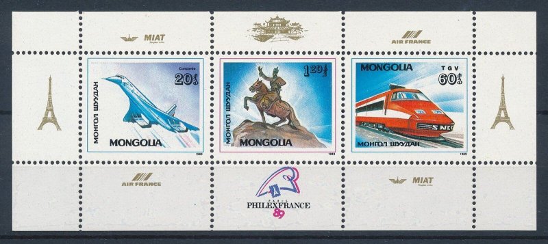 [114007] Mongolia 1989 Railway trains TGV Aviation Concorde Souve MNH