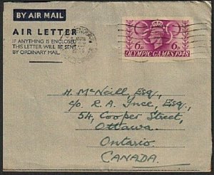 GB 1948 Olympic Games 6d air letter FIRST DAY CANCEL to Canada.............63224