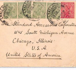 INDIA KGV Cover *LYALLPUR* CDS Superb Cachet 1922 USA Chicago {samwellls}PJ308