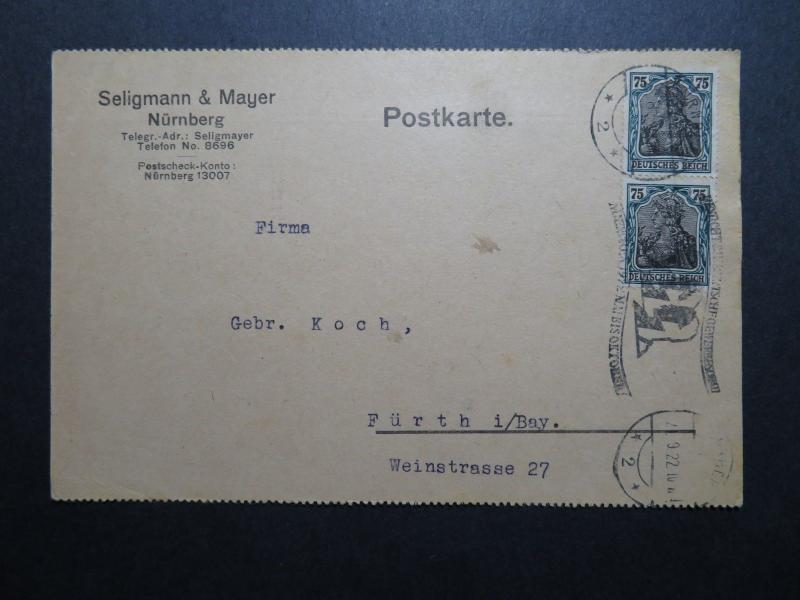 Germany 1922 Commercial Postcard w/ 75pf Germania Pair - Z10377