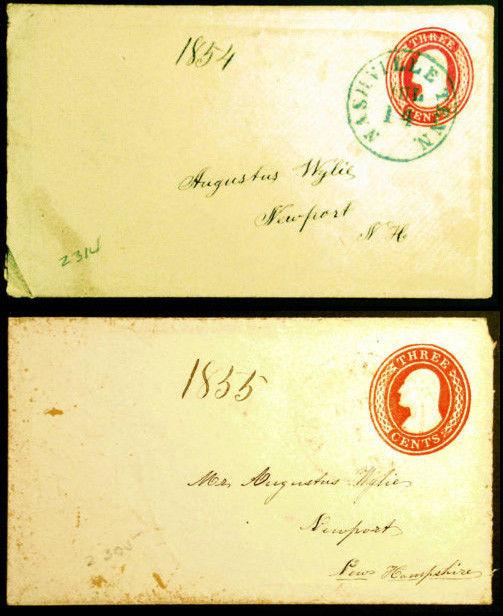 3c Red 1854 & 1855 Embossed Envelopes Both Sent to Augustus Wylie 2 Rare items