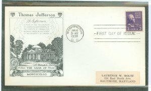 US 807 1938 3c Thomas Jefferson (part of the presidential-prexy definitive series) single on an addressed (label) first day cove