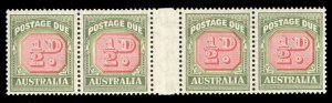 Australia #J71 Cat$28+, 1956 1/2p green and carmine, horizontal gutter strip ...