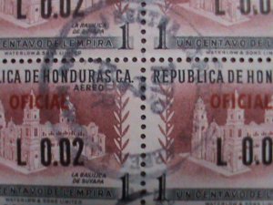 HONDURAS 1956-BASILICA OF SUYAPA-OVPT. SURCHARCH  USED BLOCK VF 66 YEARS OLD