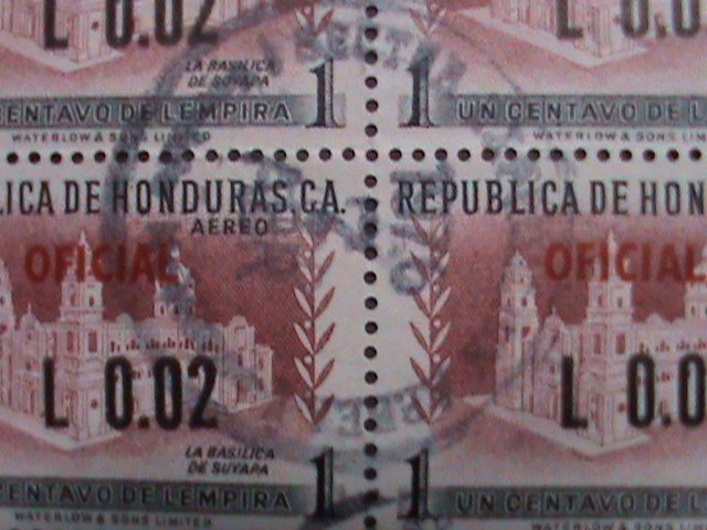 HONDURAS 1956-BASILICA OF SUYAPA-OVPT. SURCHARCH  USED BLOCK VF 66 YEARS OLD