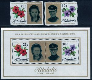 AITUTAKI SC#77-78a Princess Ann Wedding S/S + Stamps (1973) MNH