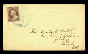 US 1859.APR.03 Washington 3c dull red Sc 26 on cover w/ blue INDIANAPOLIS CDS