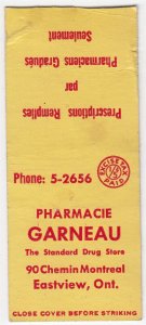 Canada Revenue 1/5¢ Excise Tax Matchbook PHARMACIE GARNEAU Eastview