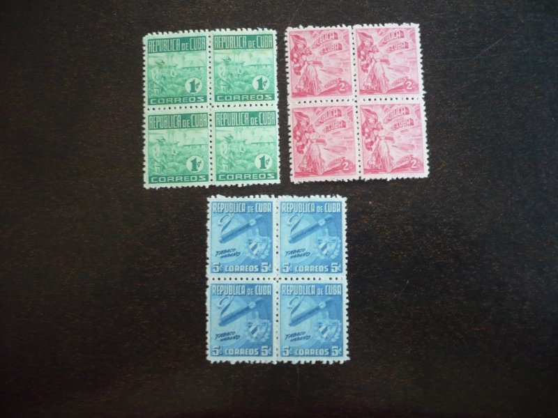 Stamps - Cuba - Scott# 420-422 - Mint Hinged Set of 3 Stamps in Blocks of 4