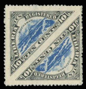 Liberia #F15var, 1919 10c Buchanan, square pair, imperf. between, hinged