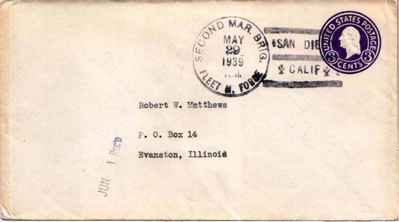 United States Marine Corps 3c Washington Circular Die Envelope 1939 Second Ma...