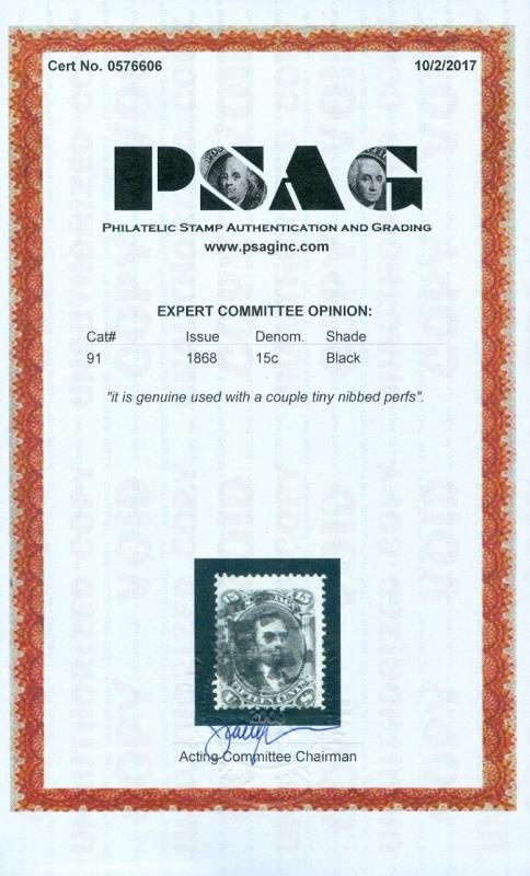 EDW1949SELL : USA 1868 Scott #91 Used. Very Fresh. PSAG Certificate Catalog $650