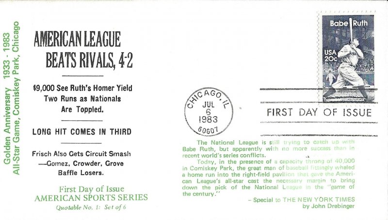 1983 FDC, #2046, 20c Babe Ruth, Quotable D-975