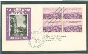 US 773 1935 3c California Pacific Exposition (block of 4) on an addressed, typed FDC with an Ioor Cachet