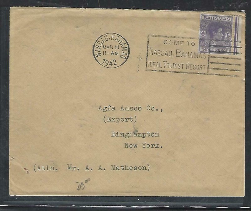 BAHAMAS COVER (PP2909BB) 1942  KGVI  3D SLOGAN CANCEL COVER TO USA