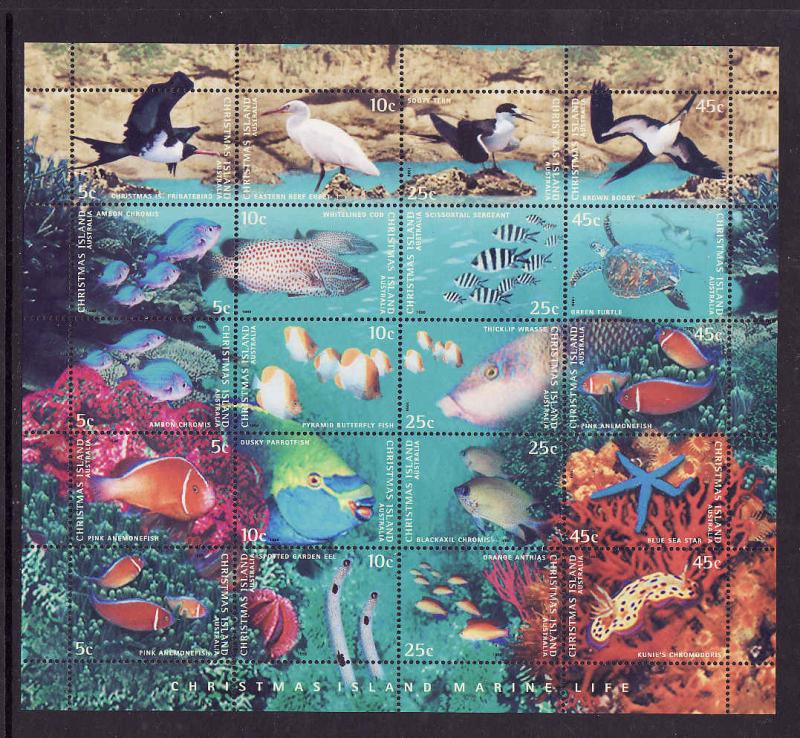 Christmas Is.-Sc#412-unused NH sheet-Marine Life-Birds-Fish-1998-