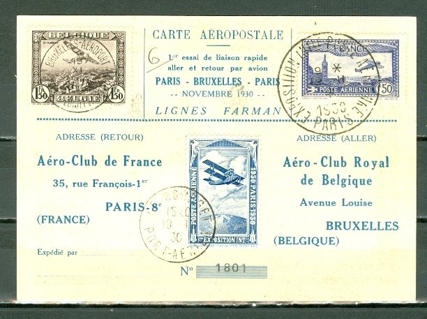 FRANCE-BELGIUM 1930 FIRST RETURN FLIGHT CARD + VIGNETTE...#C5 & #C1