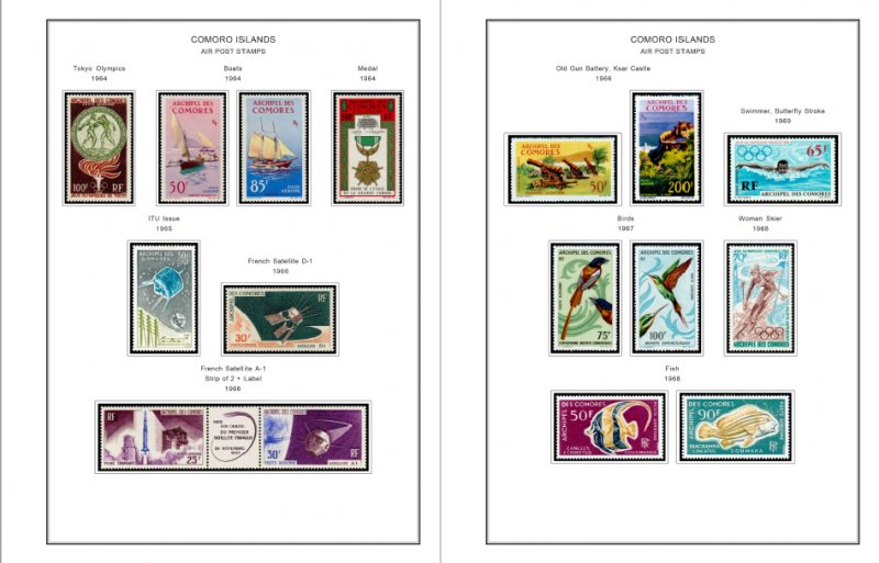 COLOR PRINTED COMOROS 1892-1975 STAMP ALBUM PAGES (25 illustrated pages)