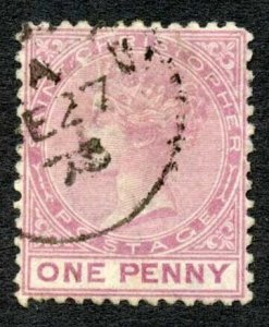 St Kitts-Nevis SG1 1d Dull Rose Wmk Crown CC Perf 12.5 Fine used Cat 50 pounds