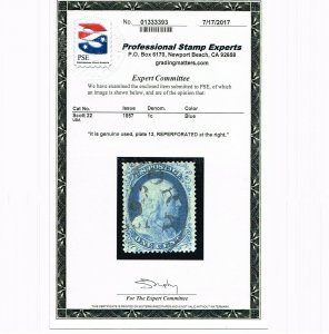 EXCEPTIONAL GENUINE SCOTT #22 F-VF USED 1857 TYPE-IIIa PLATE-4 PSE CERT #17503