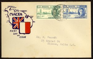 MALTA 1946 Peace and Victory Cachet SPRINCE OF WALES PO SLIEMA Sc 206-207 FDC