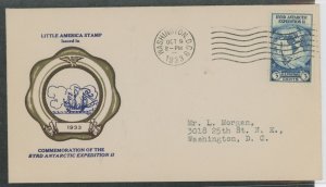 US 733 1933 3c Byrd Antarctic Expedition II on an addressed first day cover with a rice cachet.