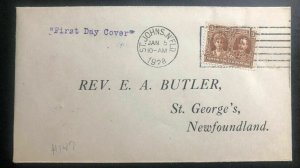 1928 St Johns Newfoundland First Day Postcard Cover To Rev Butler St George