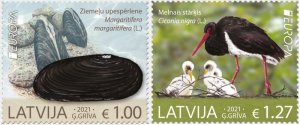 Latvia 2021 MNH Stamps Scott 1069-1070 Europa CEPT Stark Mussel Marine Life Bird