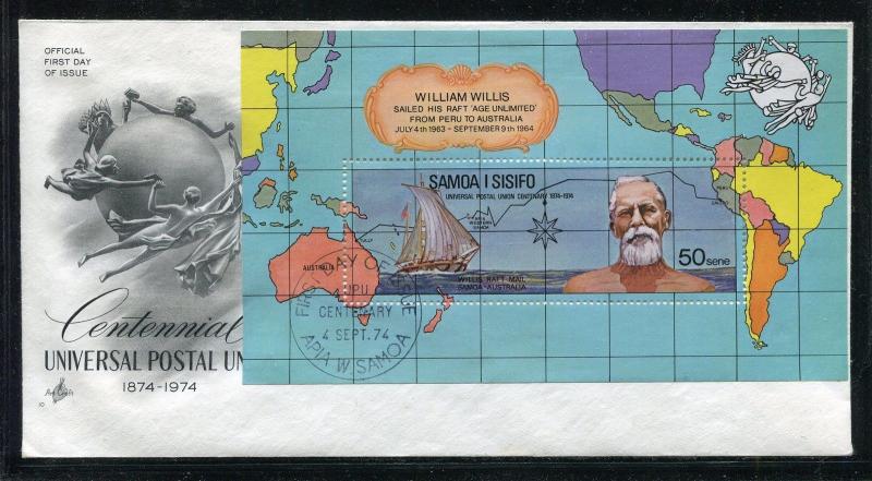 Samoa FDC UPU-100, 1974: William Willis Raft : Karte, Schiff x28841