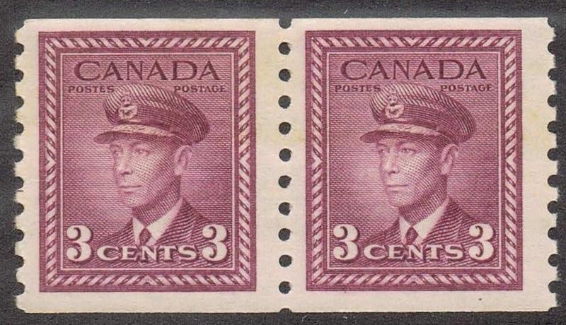 Canada #280 3c Rose-Violet 1948-1950 - Perf 9.5 Coil Pair - F-70 NH