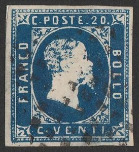 ITALY - SARDINIA 1851 King 20c deep blue. Sass 2b cat €550.